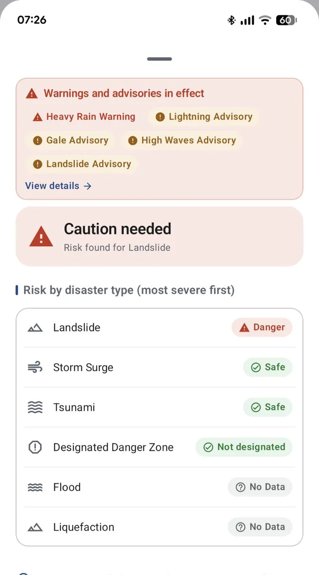 Risk screen showing warnings and advisories in effect, a Caution needed summary, and risks by disaster type ordered by severity: landslide, storm surge, tsunami, designated danger zone, flood, and liquefaction