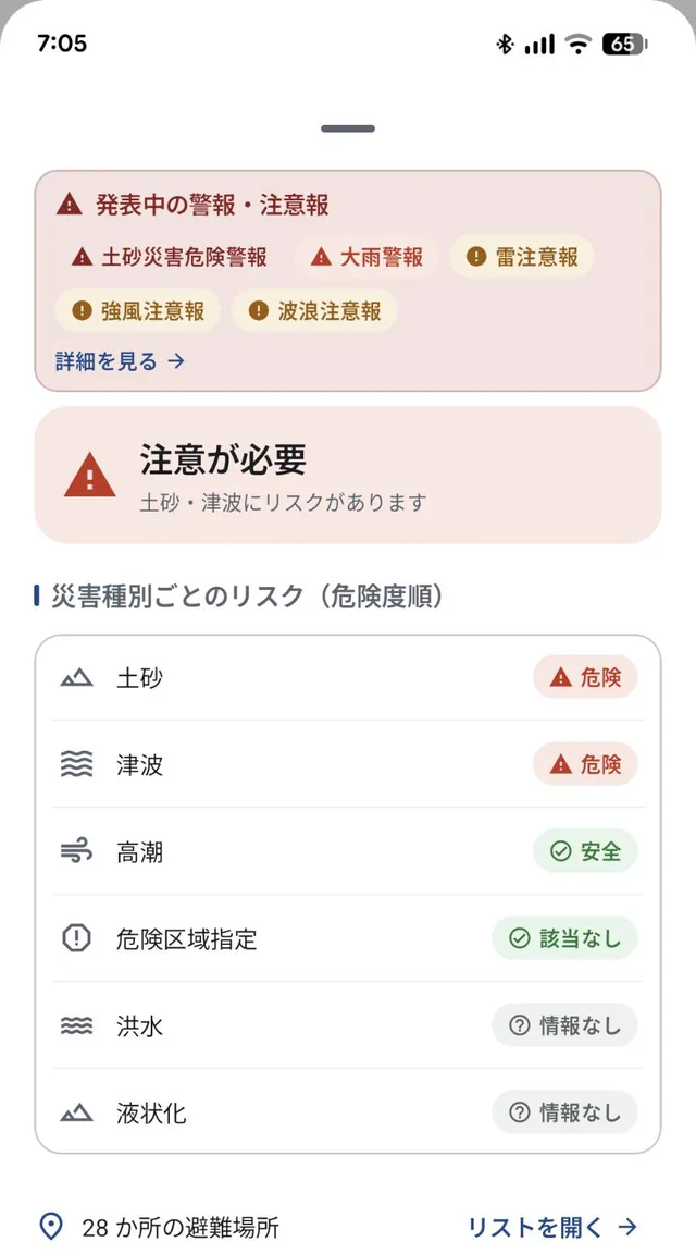 地点の診断画面。発表中の警報・注意報、「注意が必要」の判定、土砂・津波・高潮・危険区域指定・洪水・液状化の災害種別ごとのリスクが危険度順に表示されている
