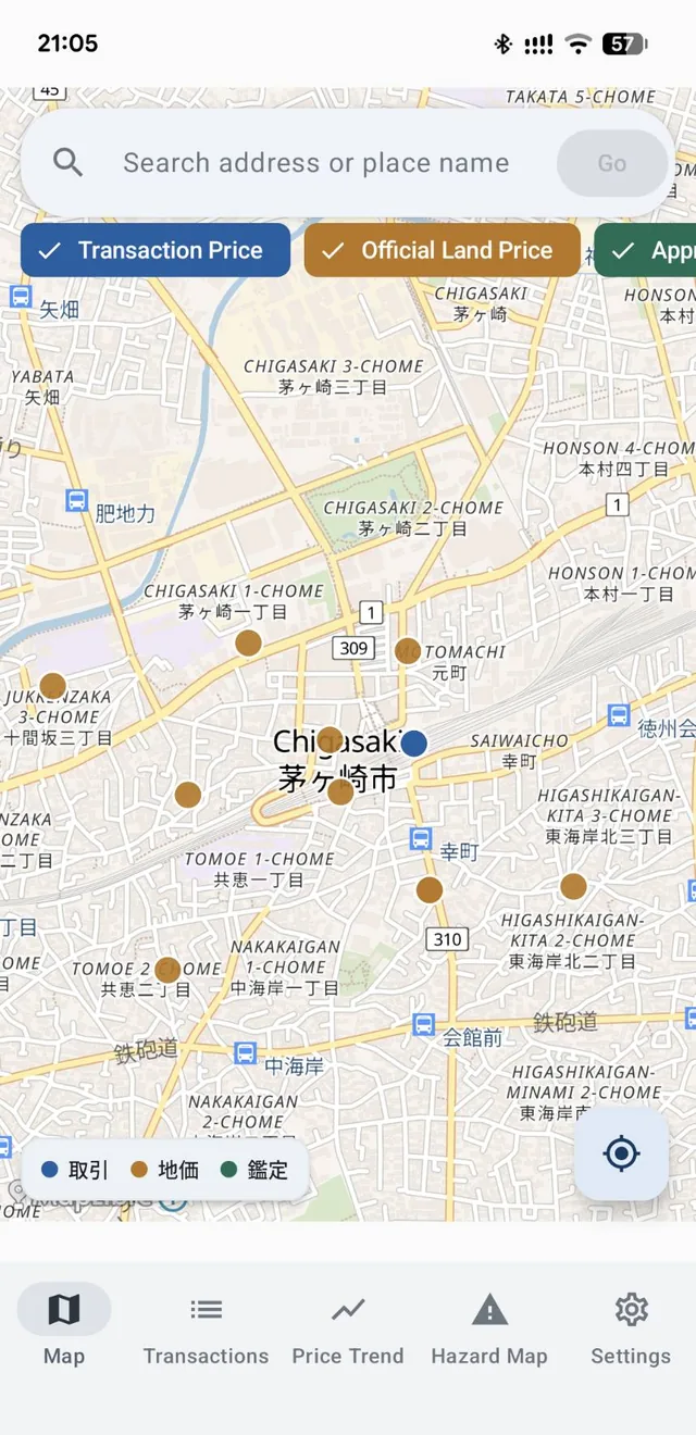 Map screen showing Transaction Price, Official Land Price, and Appraisal tabs, an address search bar, and price pins across the area