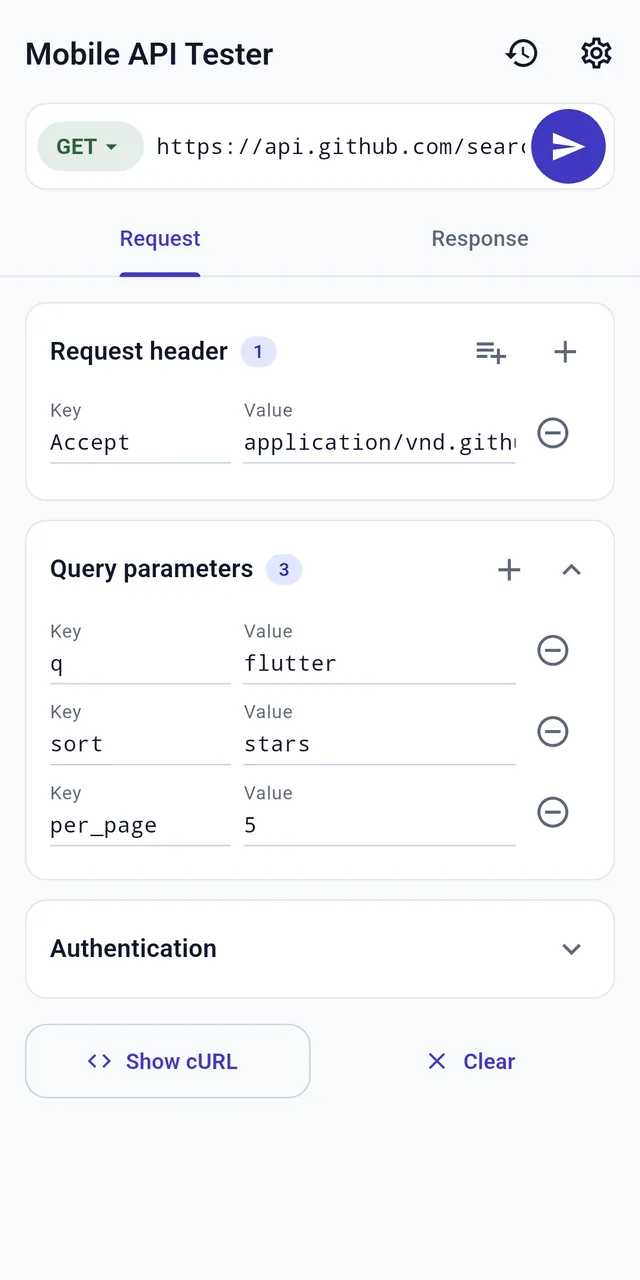 Request screen with a GET request to the GitHub API, an Accept request header, three query parameters, and Authentication, Show cURL, and Clear controls