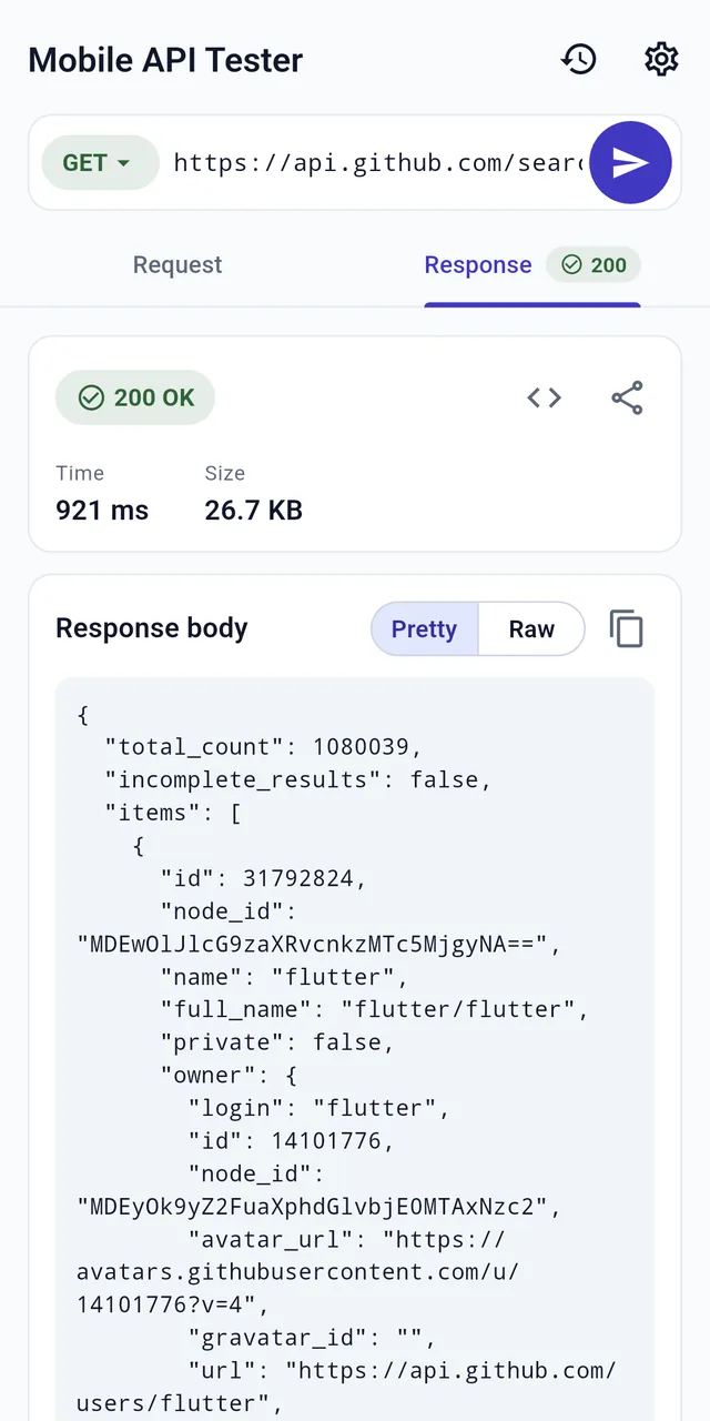 Response screen showing 200 OK, a response time of 921 ms, a size of 26.7 KB, and a formatted JSON response body with Pretty and Raw views