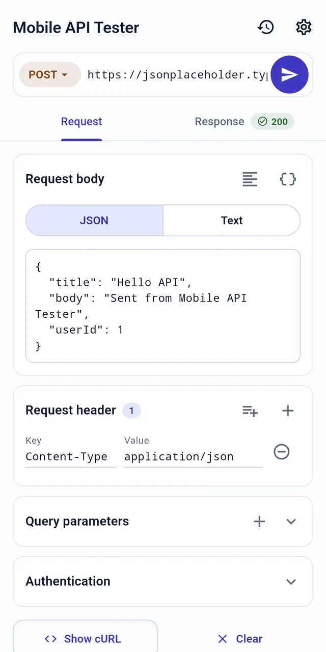 POST request screen with a JSON request body, JSON and Text body toggle, and a Content-Type: application/json request header