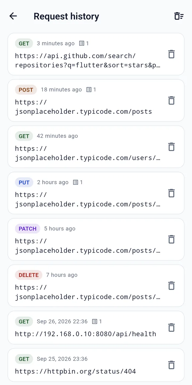 Request history screen listing GET, POST, PUT, PATCH, and DELETE requests with color-coded method labels and relative times such as 3 minutes ago