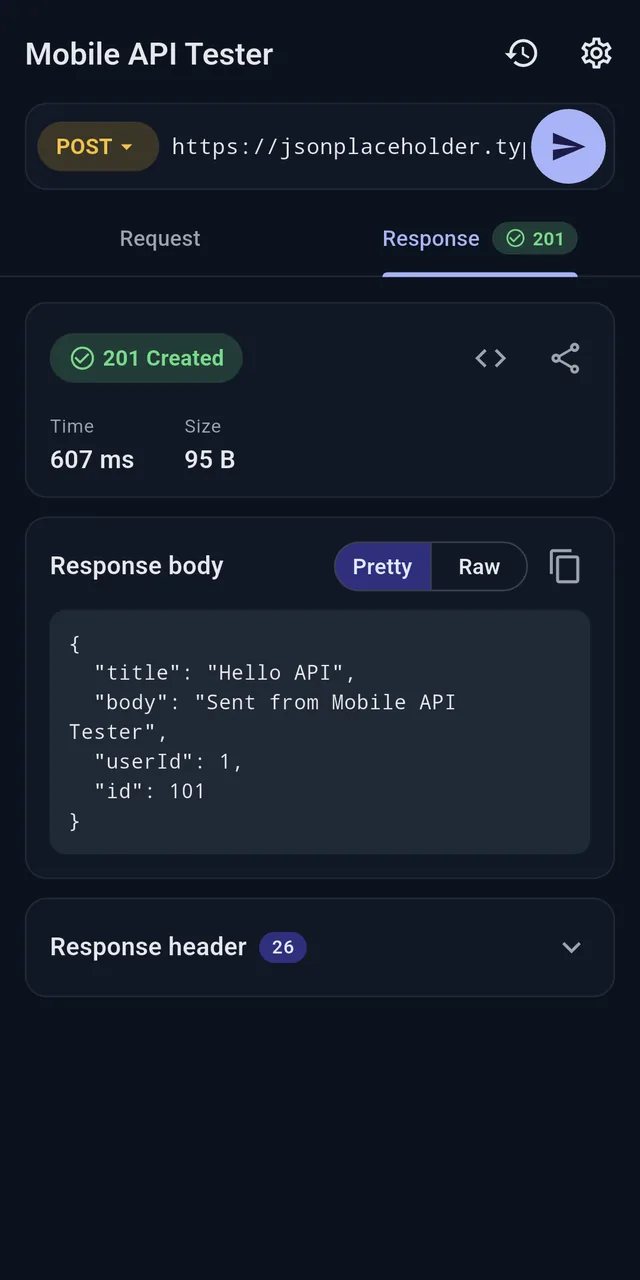 Dark theme response screen showing 201 Created, a response time of 607 ms, a size of 95 B, and the formatted JSON body of a created resource