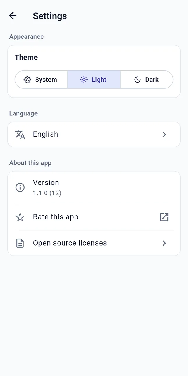 Settings screen with System, Light, and Dark theme options, a language setting, and the app version 1.1.0